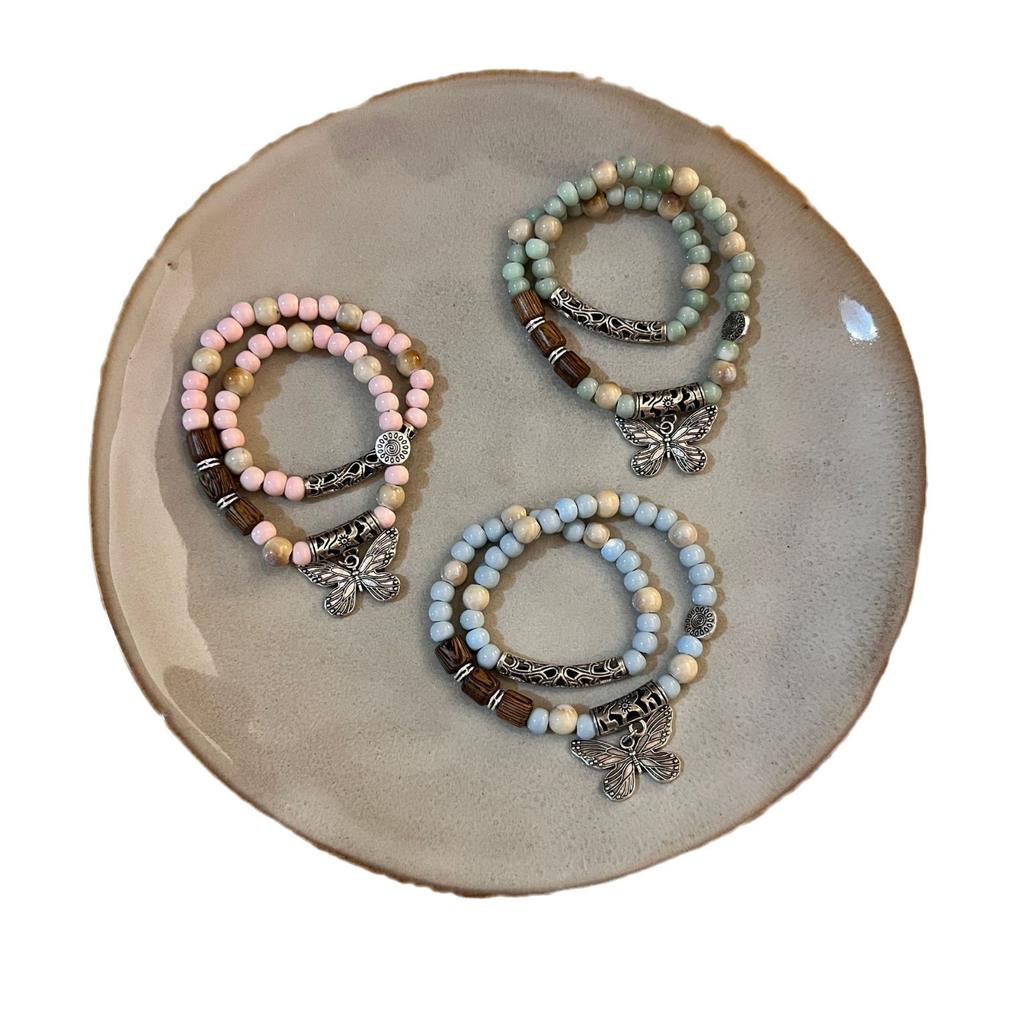 Jingdezhen Ceramic Double Ring Butterfly Beaded Bracelet for Women, Handmade New Chinese Ethnic Bohemian Style Niche Versatile Elegant Wrist Jewelry