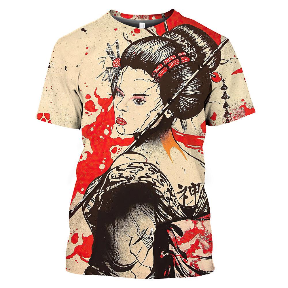 Harajuku Japanese Geisha 3D tištěné pánské a dámské tričko Letní streetwear O-neck Krátký rukáv Top Volný Pár Oblečení