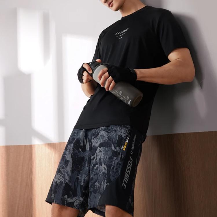 Li Ning Full Print Letter Mid Waist Straight Casual Shorts Men Shorts Black AKST613-1