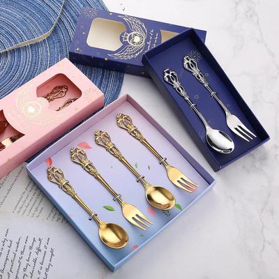 European-Style Gold-Plated Dessert & Coffee Spoon Set - Embossed and Hollow Design, Perfect for Weddings and Gifts
