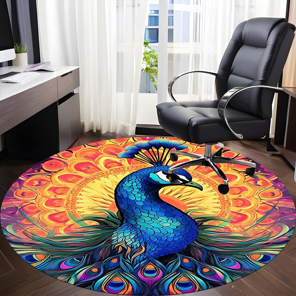 1pc Peacock Mandala Office Round Area Rug, Under Office Chairs Bedroom Living Room Home Decor, Room Deco