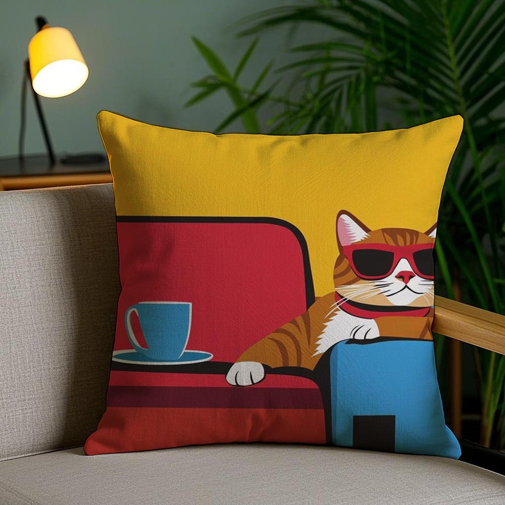 Bop Style Coffee Cats Cushion Cover Plush Fabric Soft Double-Sided Printed Invisible Zipper Sofa Pillow Case Home Decor