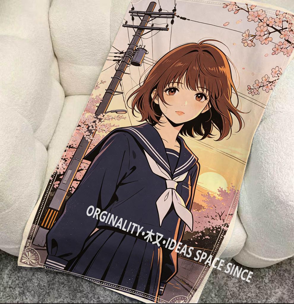 Sakura Anime Girl Beach Towel Patterned Sunscreen And Windproof Suitable For Swimming Pool Camping Travel Blanket