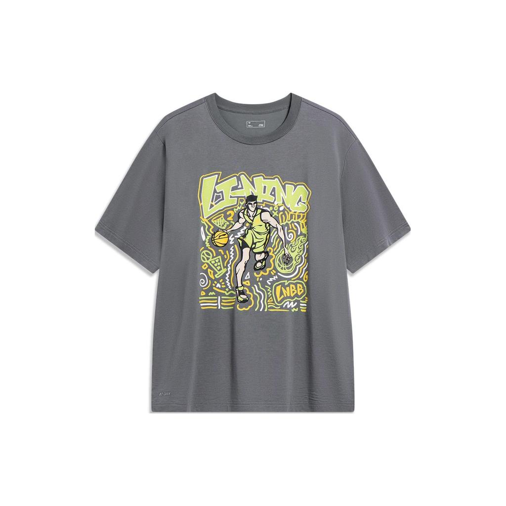 Li-Ning Sports Life Series Printed Letter Crew Neck Short Sleeve T-Shirt Men Tops Lead-Gray AHST569-3