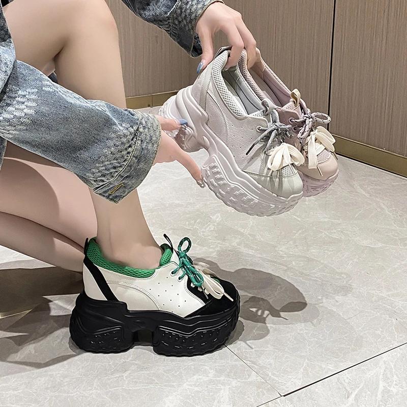 9.5CM Air Mesh Summer Microfiber Chunky Sneakers Women Vulcanize Platform Wedge Genuine Leather Loafer Fashion Comfy Shoes