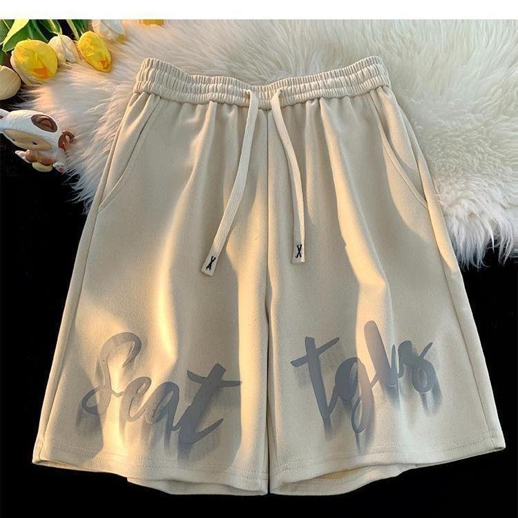 Pantaloncini Estivi Sportivi a Cinque Quarti con Stampa di Lettere Stile Europeo e Americano per Uomo con Coulisse Larghi