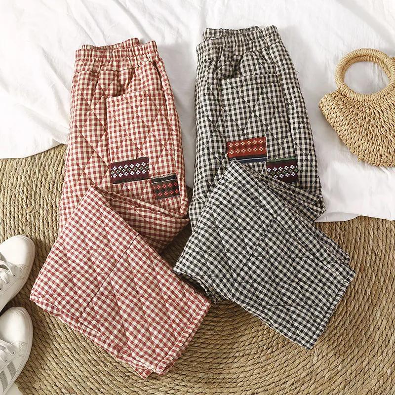 

Women s Winter Thick Warm Retro Plaid Casual pants 4XL чёрный