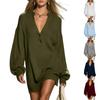Women's V-Neck Color Knit Sweater Dress Long Sleeve for Casual Wear