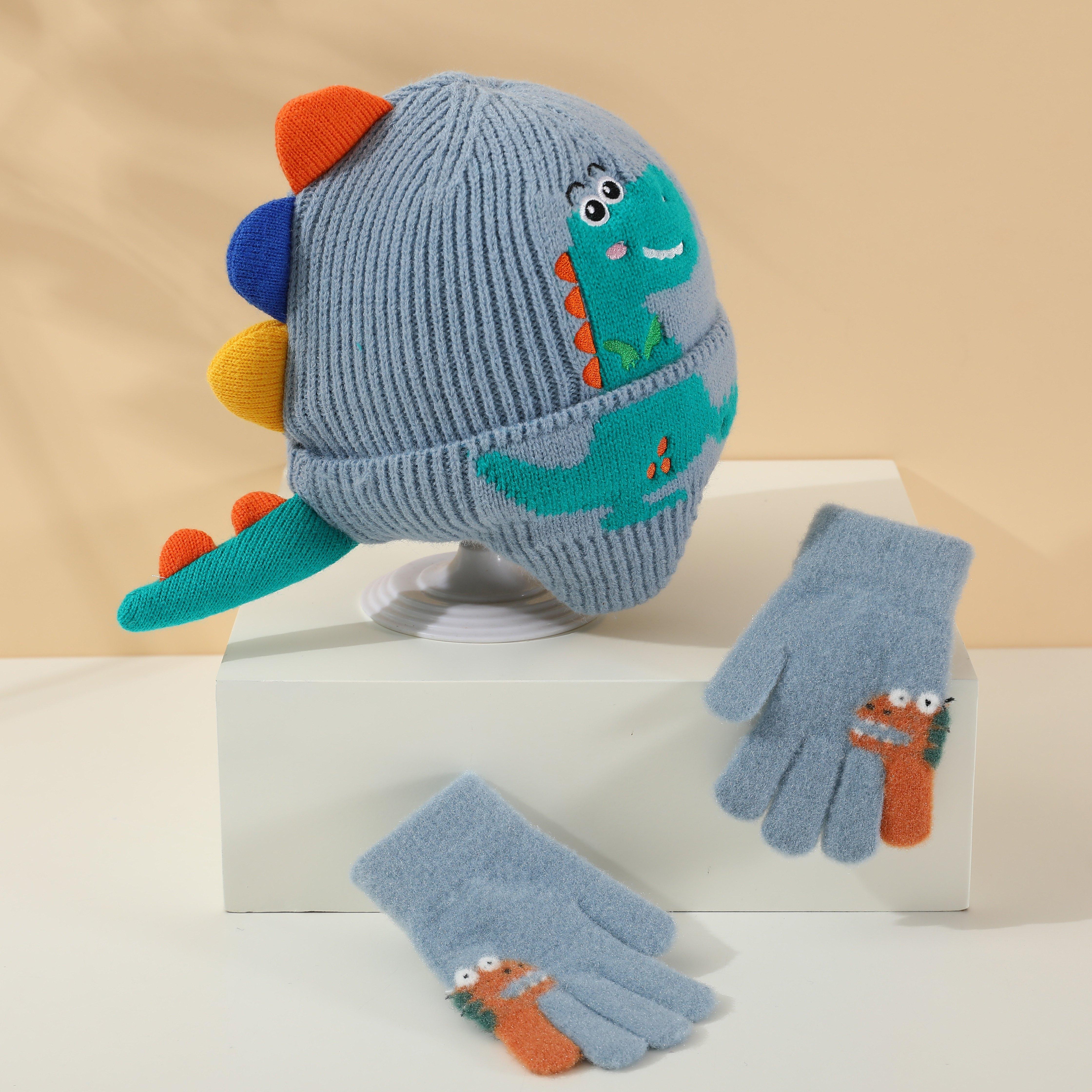 

2pcs Youngsters s Hat and Glove Set Autumn Winter Thickened Warm Cute Dinosaur Knitted Beanie Windproof Protection Cap Suitable