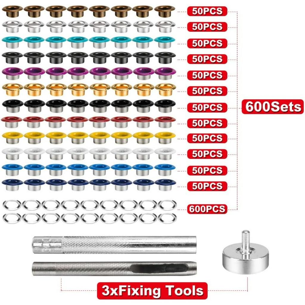 Metal Eyelets, 600Pcs 12 Colors 3/16 Inch Metal Grommets Kit, Multi-Color Grommets Kit, Metal Eyelets Set with 3 Pieces Installation Tool and Storage