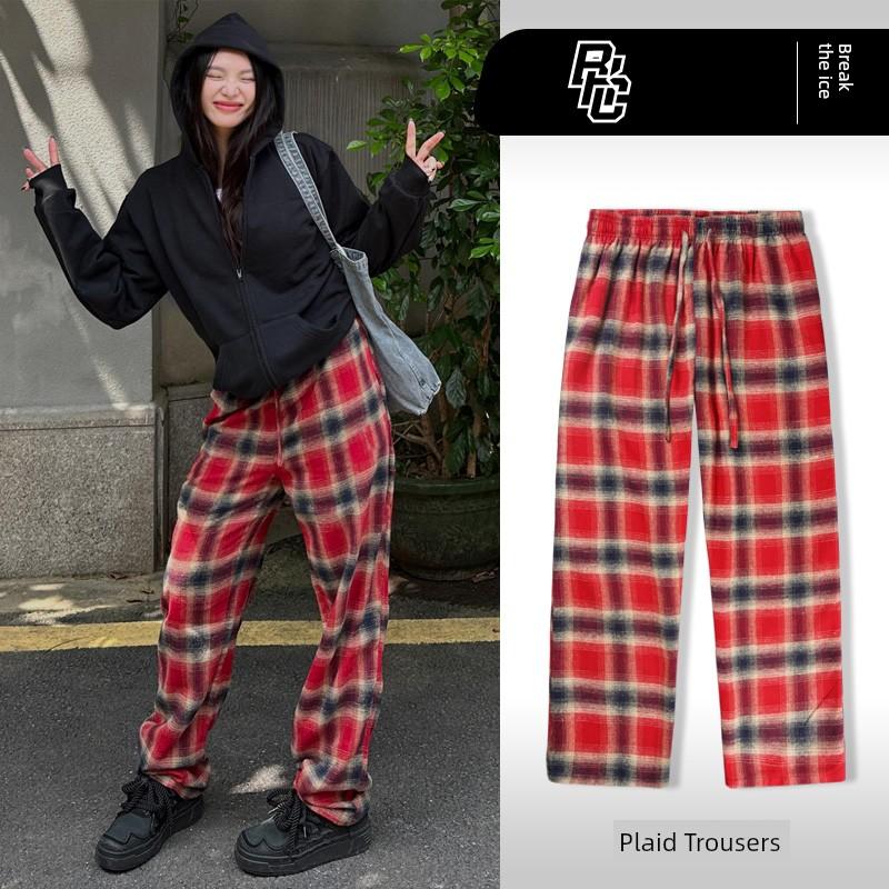 Plaid Pants Loose Straight High Street New Versatile Casual Sports Sweatpants with a Vertical Feel Black and White Basketball Long Pants for Men