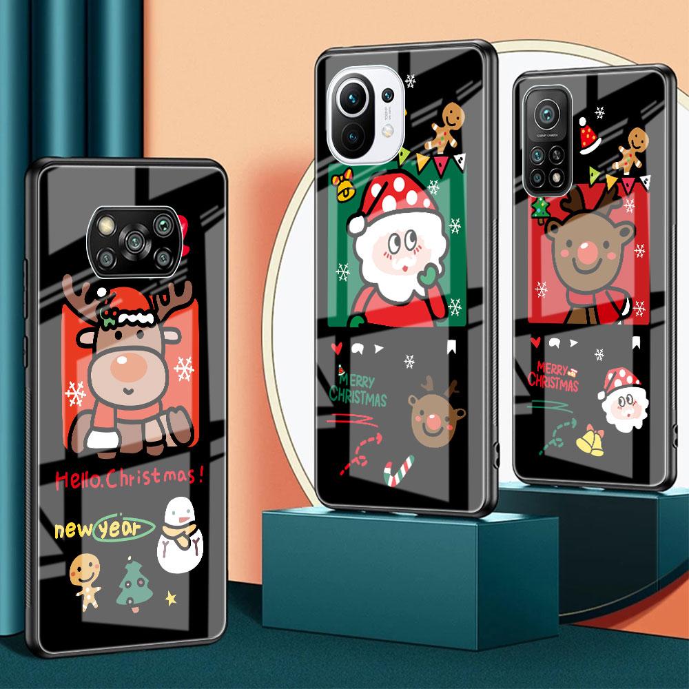 Glass Case For Xiaomi Poco X3 NFC 11 Lite 11T F3 M3 For Redmi Note 11 10 9 8 Pro 10S 9S 9A 9C Phone Cover Snowman Christmas Cute