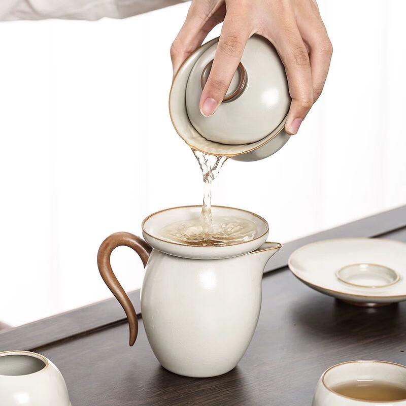 Jiakangming Ru Kiln Ceramic Tea Set with Auto-Heating Kettle & Wooden Tray