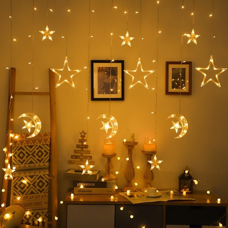 1 Set LED Fairy Curtain Lights - Star and Moon Design Hanging Decor - Battery Operated (3 AA Not Included) - Perfect Gift for Home Decor Lovers