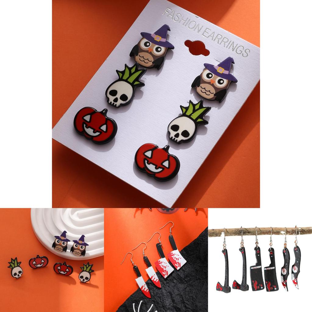 Unique Halloween Acrylic Earrings With Cartoon Skulls And Pumpkins