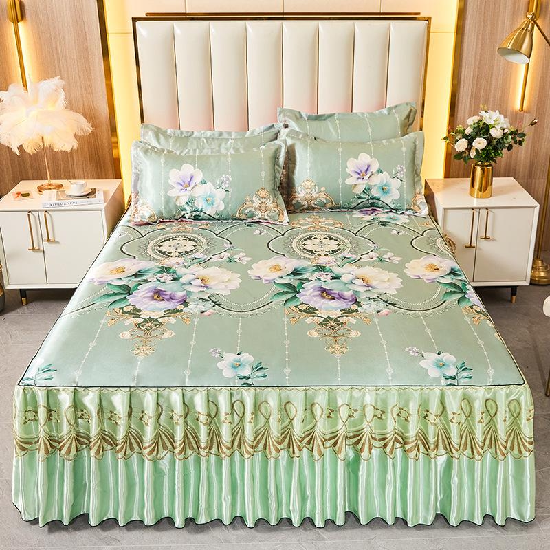 Summer Mat Viscose Fiber Mat Bed Skirt Three-Piece Set Household Double Summer Mat Machine Washable Fabric Cooling Mattress Soft Mat Bedspread