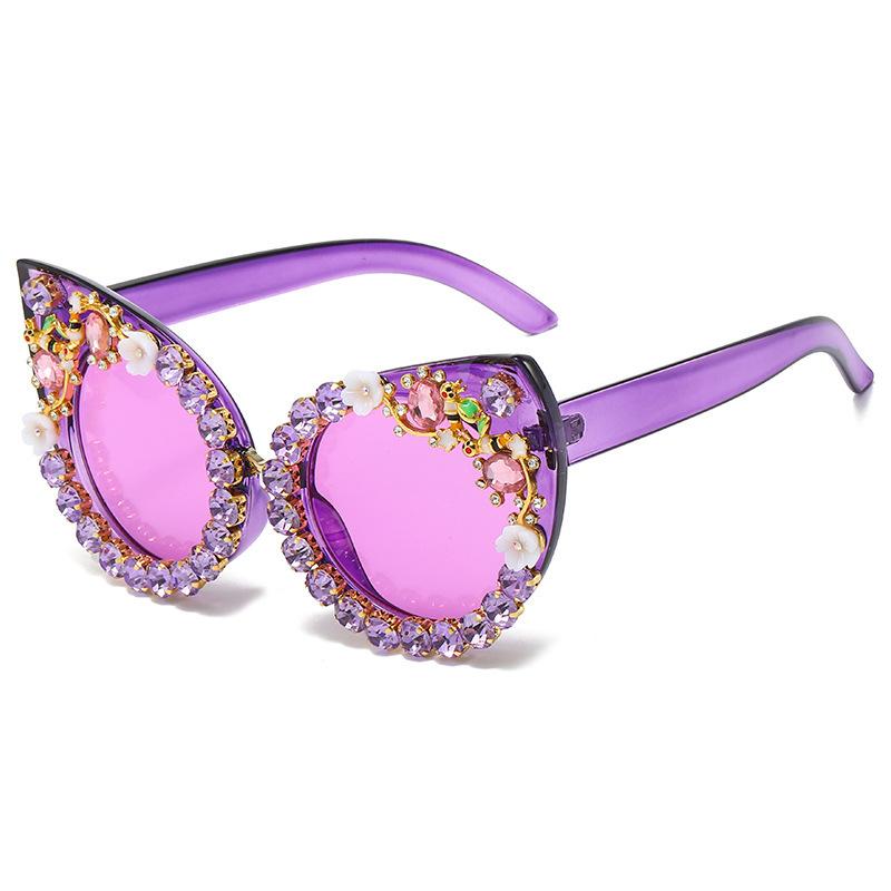 Non-polarized Cat Eye Sunglasses Fashion Handmade Rhinestone Sun Glasses for Women Flower Decoration Party Eyeglasses