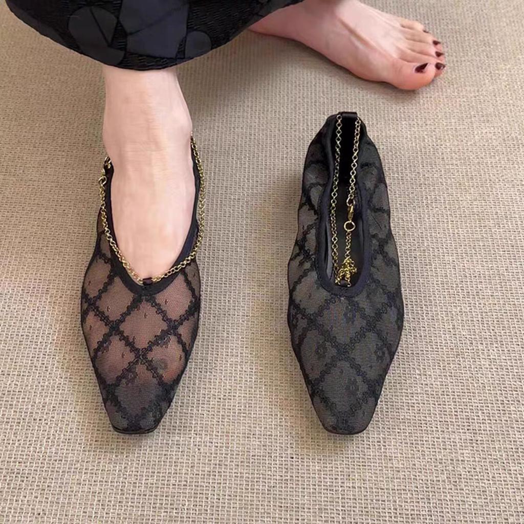 Fashion 2025 New Summer Mesh Breathable Sexy Lace Shoes Female Temperament Chain Design Embroidered Low-cut Shoes Zapatillas De Deporte