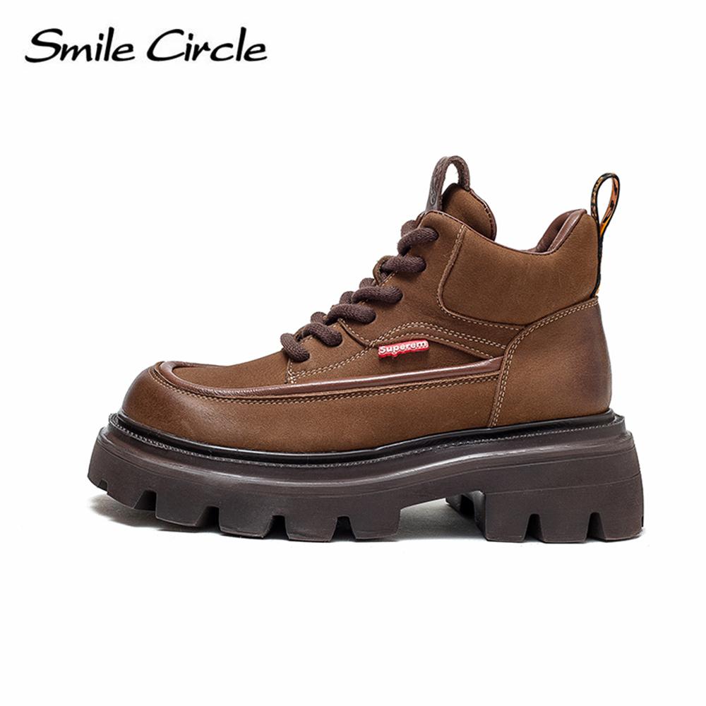 Natural Leather Chunky Women's Ankle Boots High Top Thick Bottom Boots Lace Up Casual Women's Motorcycle Boots