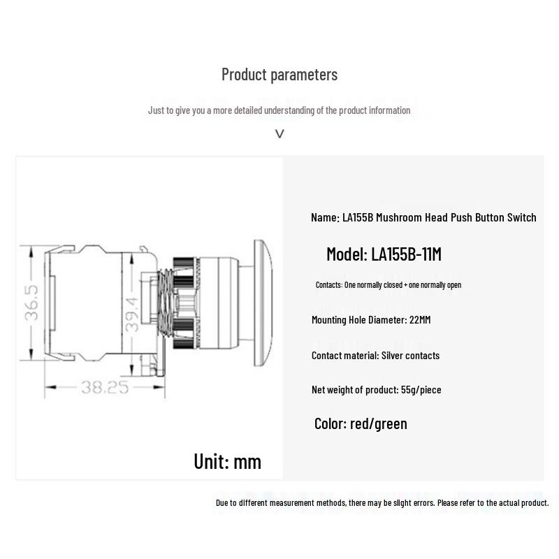 22MM LA155B-11M Waterproof Reset Switch, Mushroom Head, Silver Contacts, Single Pole Single Throw