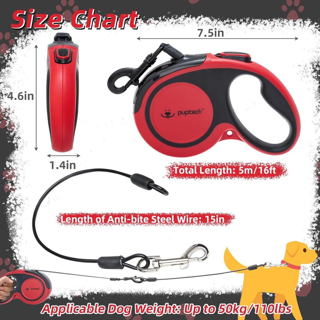 PUPTECK Retractable Dog Leash with Anti-Chewing Steel Wire, 360°Tangle-Free Pet Walking Leash for Small Medium Large Dogs, Heavy Duty Up To 110lbs,