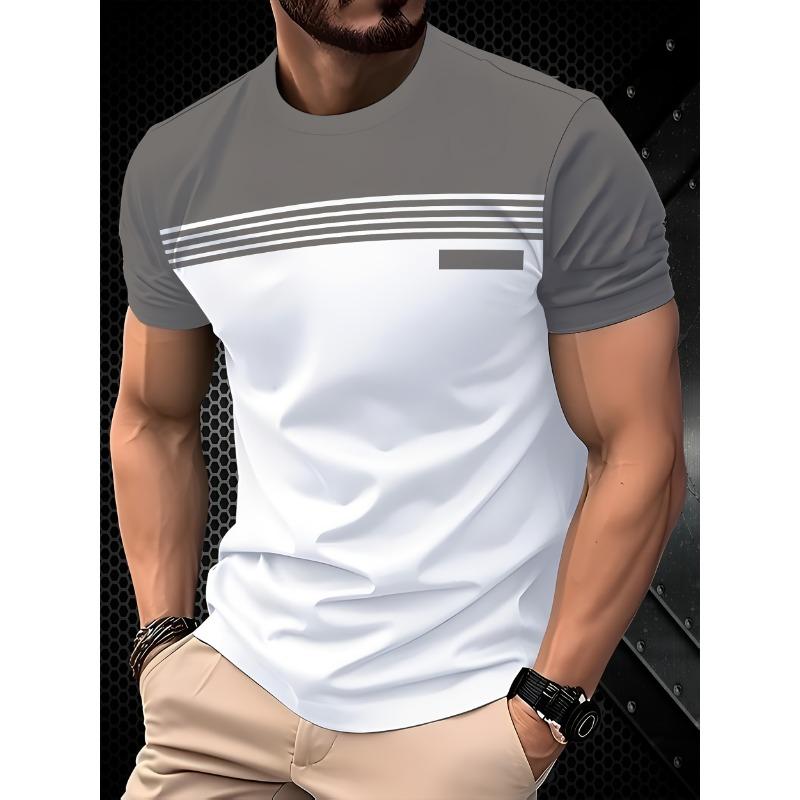 Men s Casual 3D Printed Two-Tone Striped T-Shirt - Breathable Polyester, Crew Neck, Short Sleeve Summer Top S