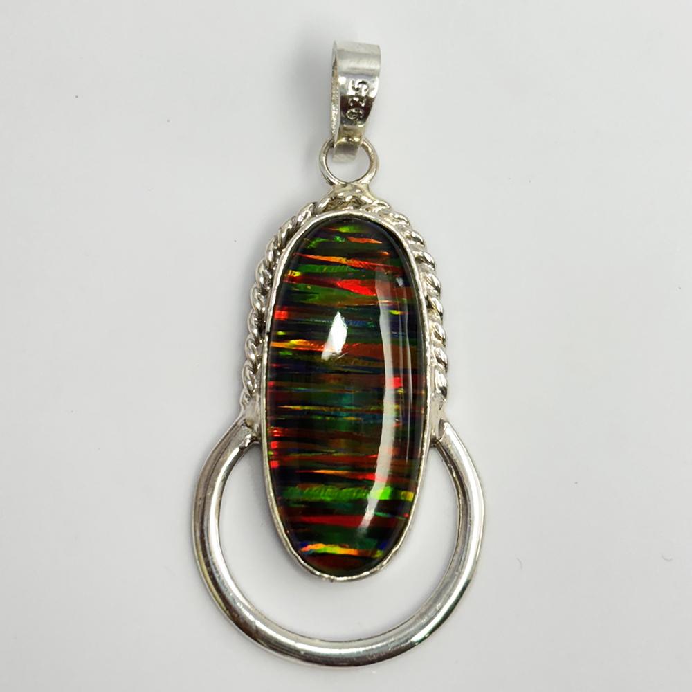 

CERTIFIED 925 Sterling Silver Pendant 30 Ct Natural Opal Oval Cut Gemstone 46.9 mm approx різнокольоровий