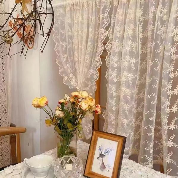 WTEMPO 2 buc. franceză pastorală cremă broderie cortină din dantelă perdea perforată pentru fereastră din dormitor