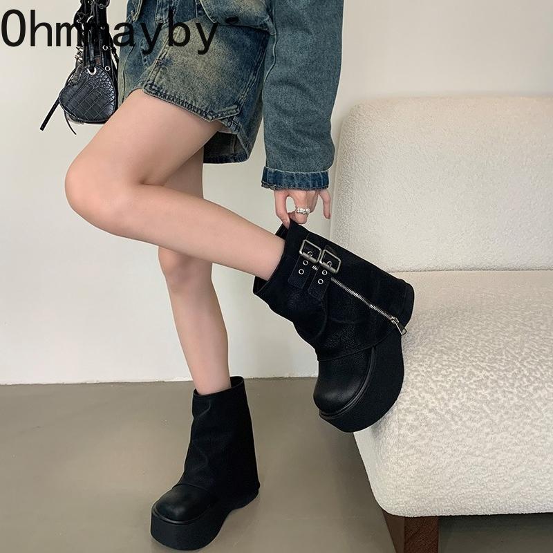 Thick Bottom Women Ankle Boots Designer Belt Buckle Platform Heel Shoes Autumn Winter Modern Short Booties