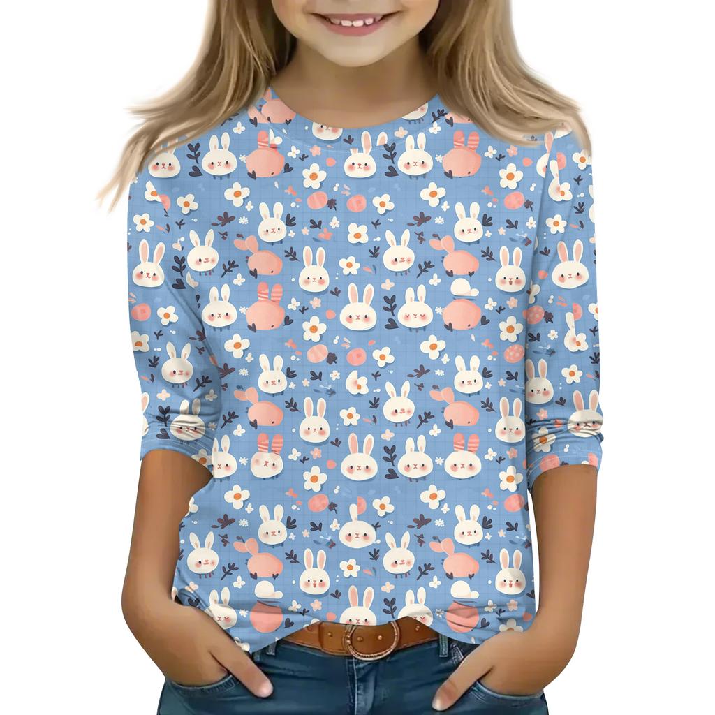Print Tops For Youth Girls Round Neck 3/4 Sleeves T-Shirts Trendy Tops Outfit Tees