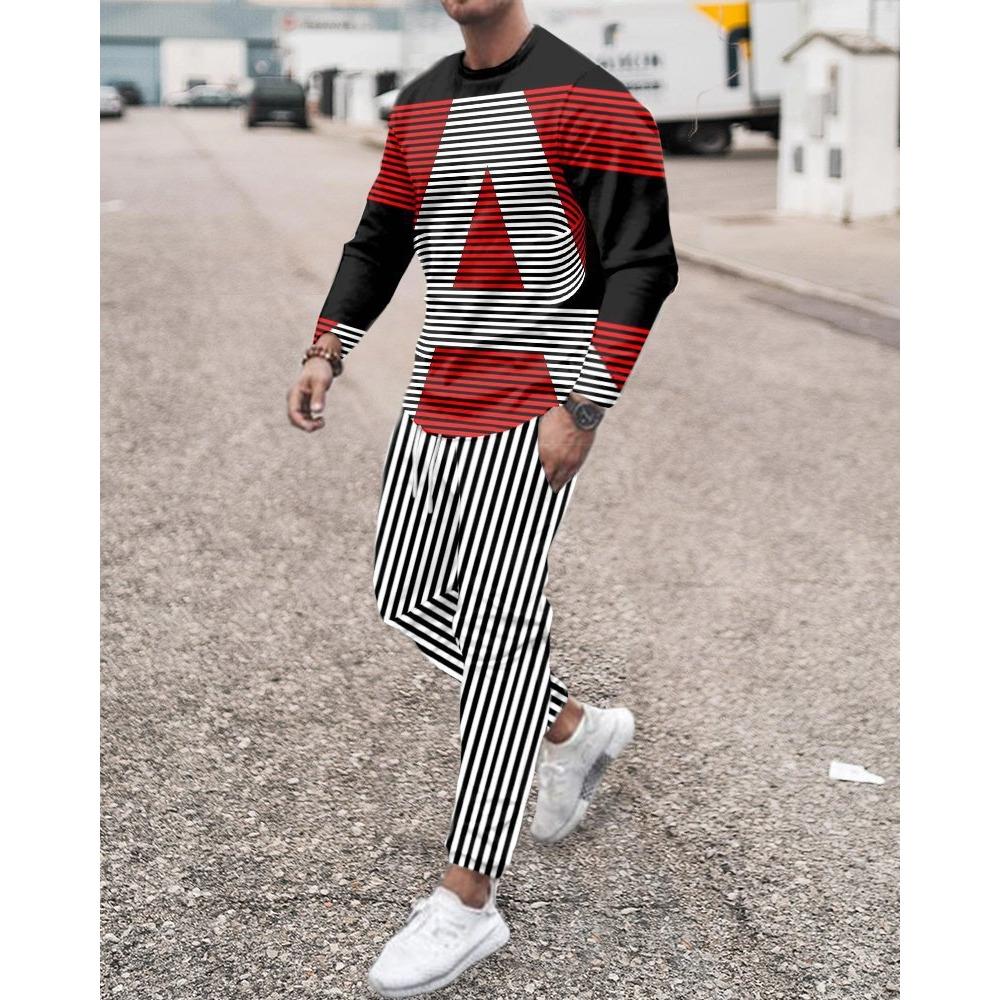 New Men's Long Sleeve T-Shirts Sets Abstract Pattern 3D Print Sports T-Shirt Pants Suit Fashion Tracksuit 2-Piece Jogger Outfits