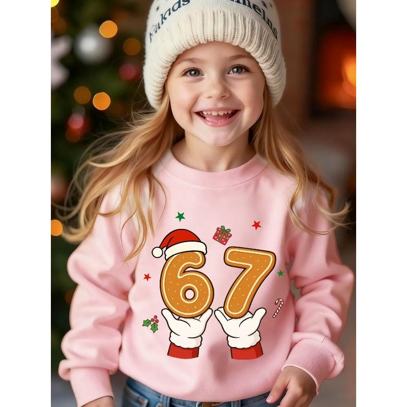 Kids Unisex Hot Crewneck Sweatshirt, Christmas Gingerbread 67 Santa Hand Gift Holly Print Pullover, Holiday Sweatshirt for Boys Girls Over 4 Years Old