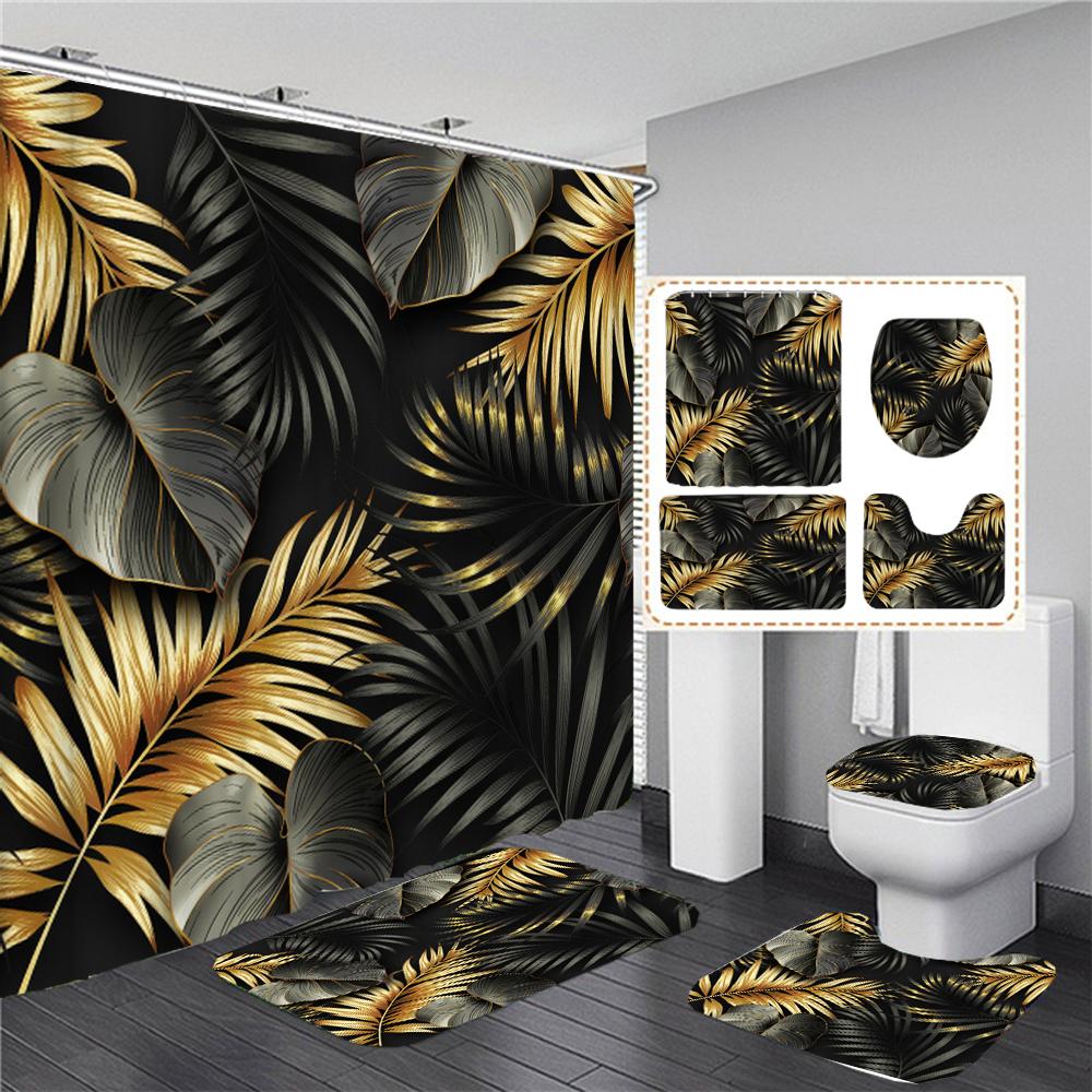 Black and Gold Tropical Plant Palm Leaf Bathroom Shower Curtain Set for Bathtub Exotic Leaves Bath Mats Rugs Toilet Home Decor