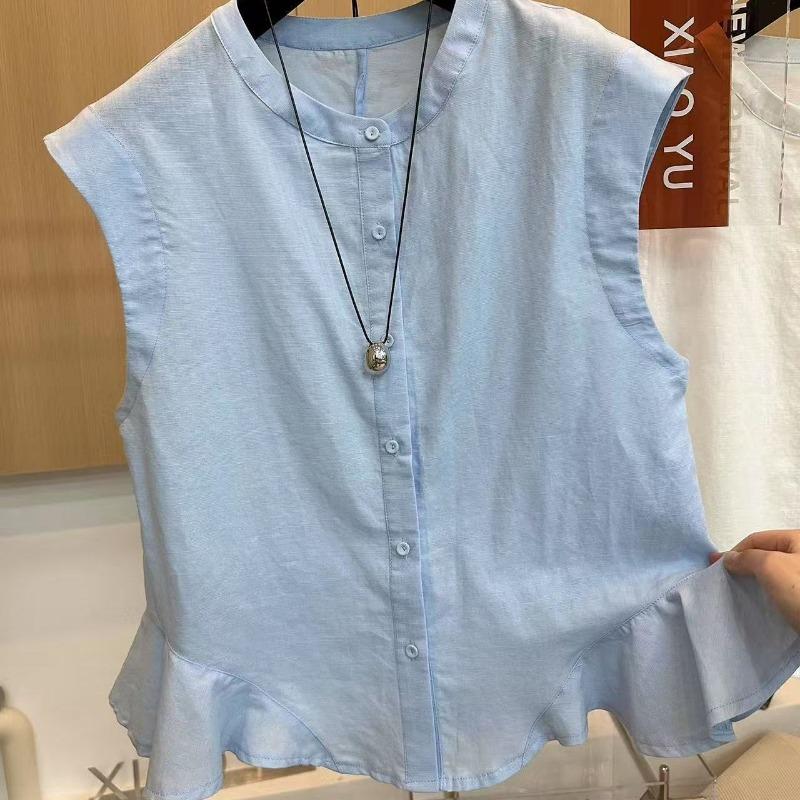 Ruffled Hem Cotton and Linen Sleeveless Shirt for Women Summer Design Thin Waistcoat Vest Flying Sleeve Cardigan Top