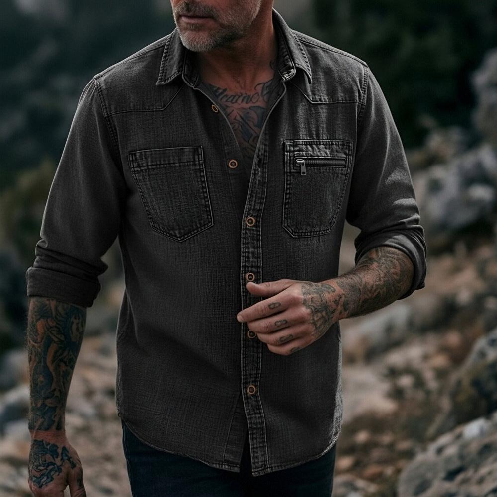 Camicia da uomo vintage in denim lavato a maniche lunghe con bottoni e tasca con zip, casual, da lavoro