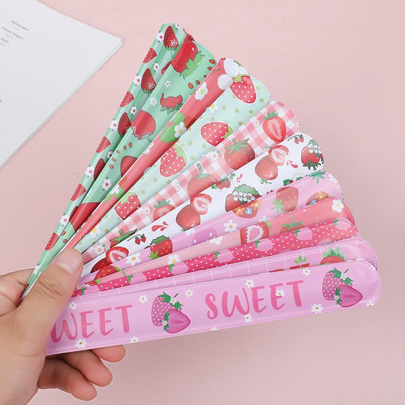 12Pcs Pink Strawberry Sweet Fruit Slap Bracelets Toy for Kids Girl Birthday Party Favors Baby Shower Guest Gifts Pinata Fillers
