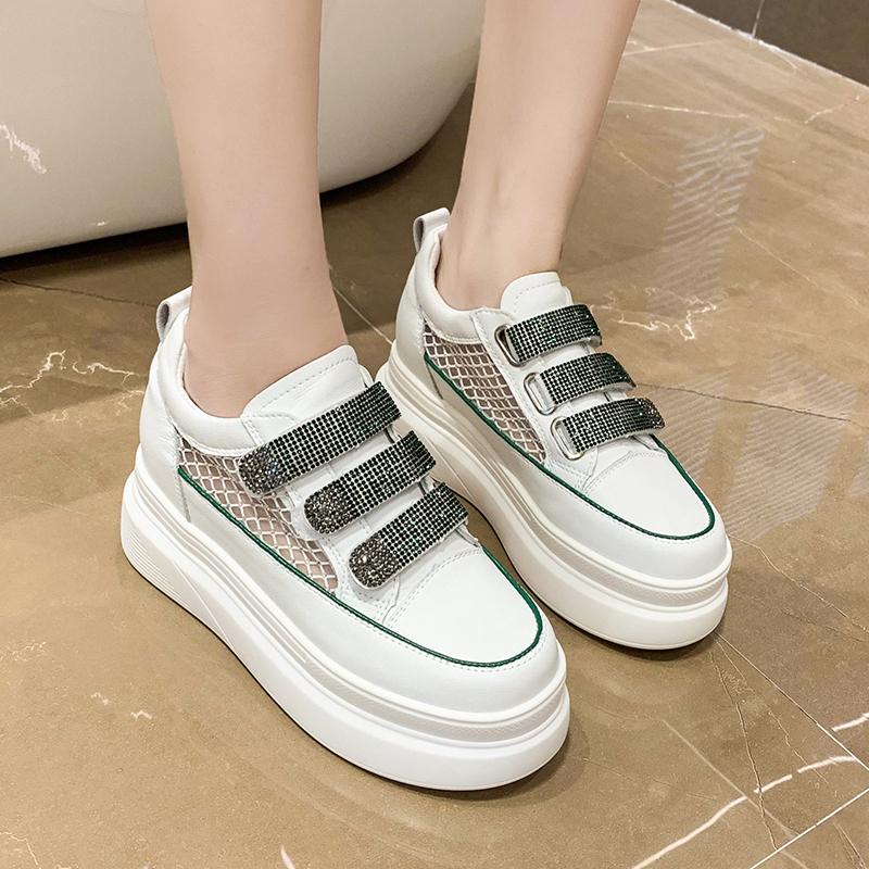 Fashion 7.5cm Women Casual Platform Wedge Summer Hollow Mesh Shoes High Brand Crystal Hook Sping Chunky Sneaker Fashion High Heel