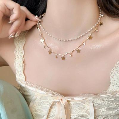Luxury  Pearl Butterfly Tassel Necklace For Women Elegant Double Layer Clavicle Chain Necklace Party Wedding Jewelry