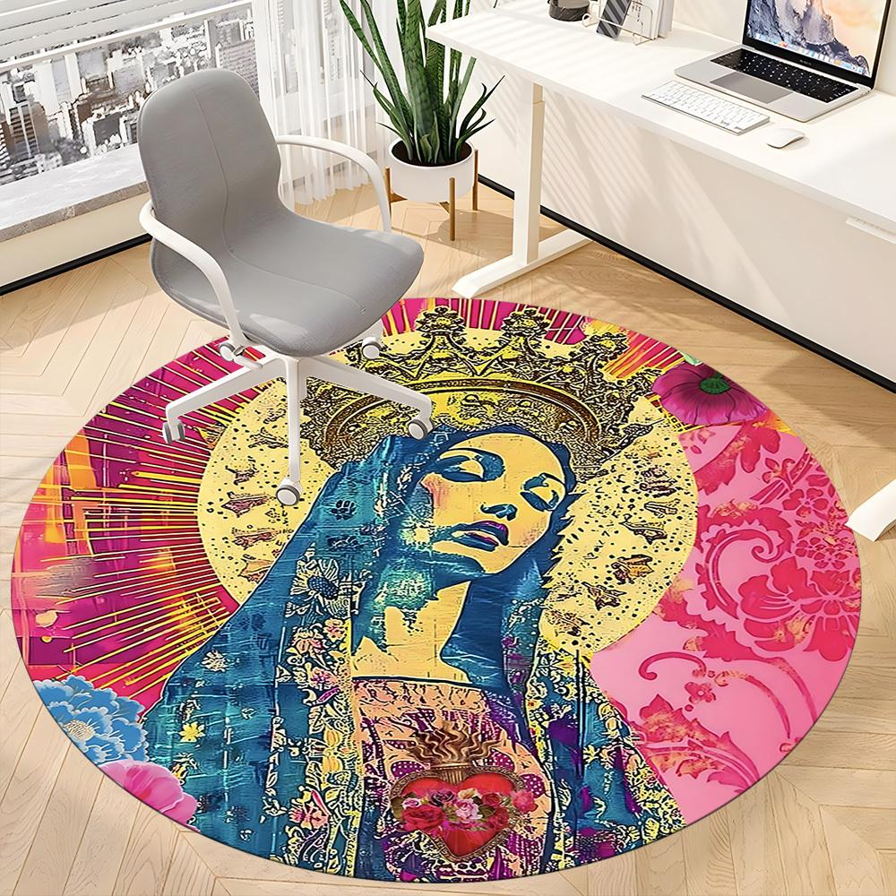 1pc Virgin Mary Print Carpet, Round Non Slip Durable Large Size Office Carpet, Suitable for Office