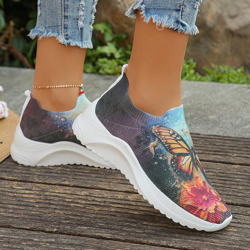 Butterfly Printed Breathable Knitted Sneakers for Women  Spring Slip On Flat Heels Casual Shoes Woman Lightweight Loafers