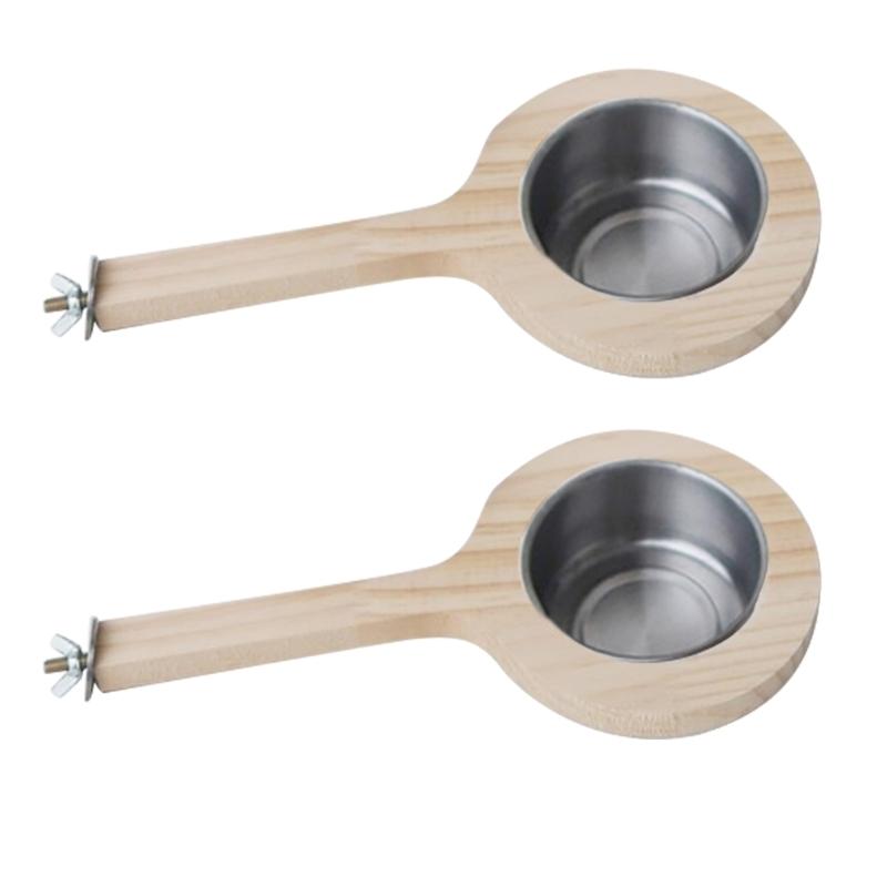 Stainless Steel Feeding Cup Wooden Bird Feeder Perch For Small Medium Parrots With Detachable Design Easy To Clean
