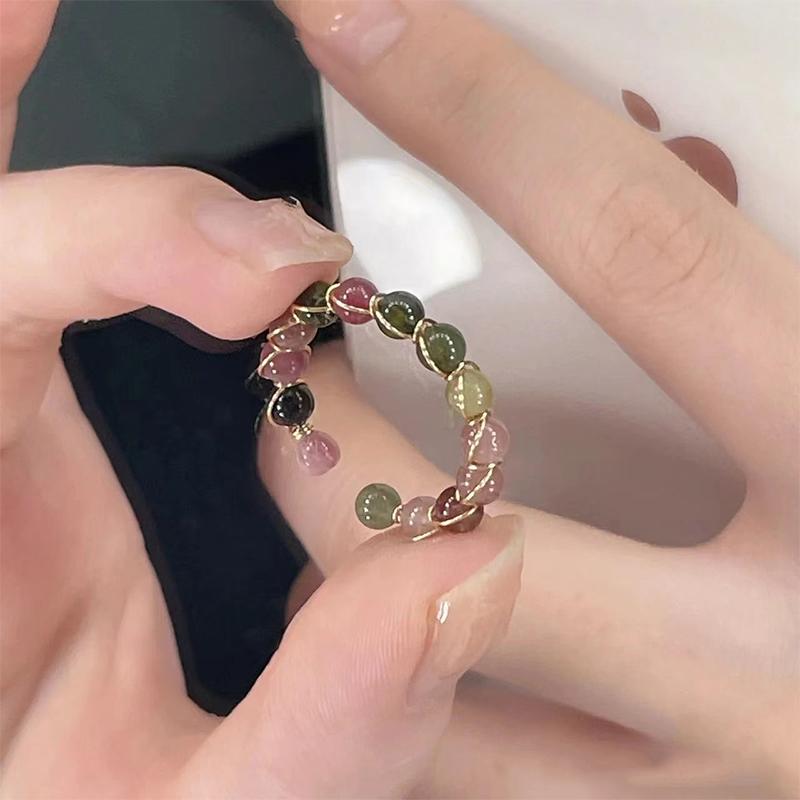 1Pc Rainbow Tourmaline Ring  Retro Handmade Metal Wire Winding Beaded Open Ring Female Jewelry