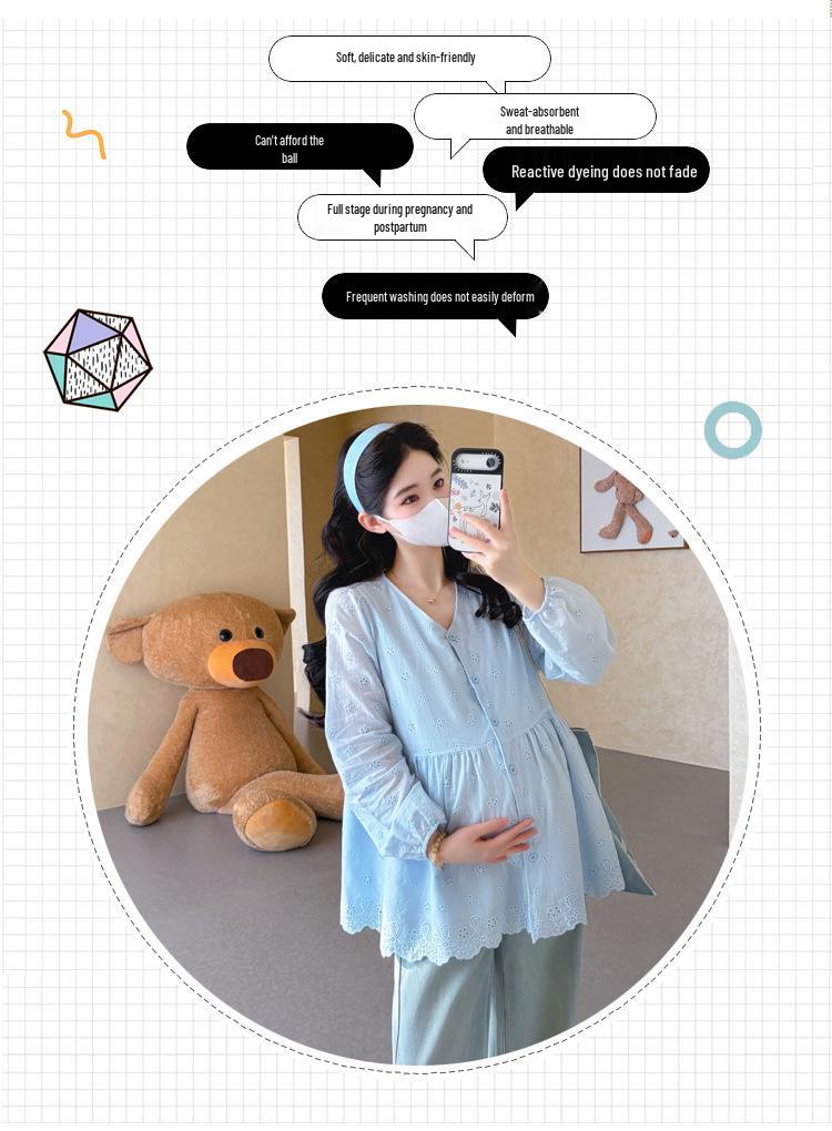 2026 Spring Maternity V-Neck Embroidered Doll Shirt – French Korean Style Loose Top