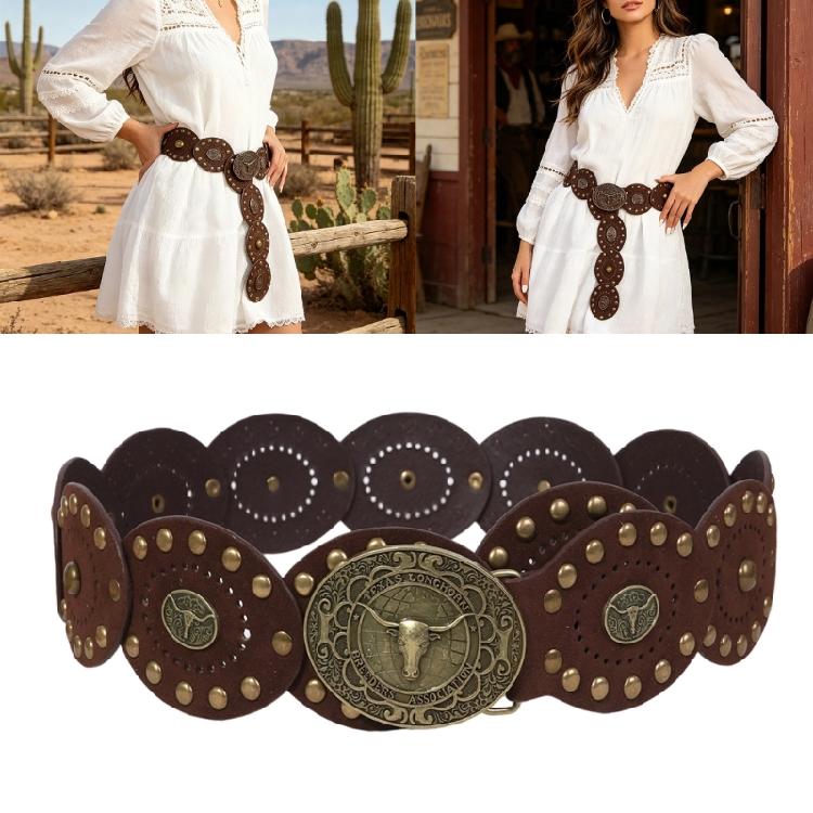 Chinese Style Round Cake Waist Belt Practical PU Leather Adjustable Belt Matching Belt for Jeans Dress and Skirts