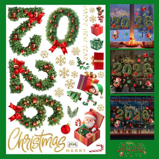 Christmas Window Cling Waterproof PVC Pine Needle Wreath Santa Claus Elf Gift Box Bell Static Glass Sticker Home Office Party Decoration Decal