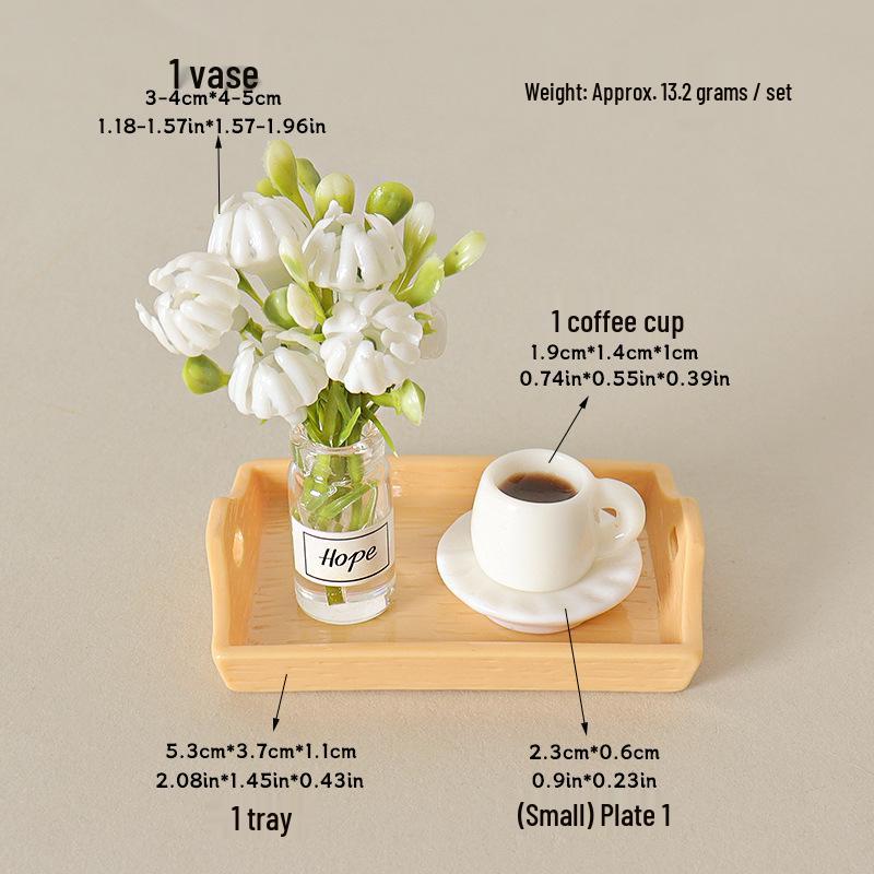 Miniature Dollhouse Coffee Cup Ornament Set - Handmade Tray & Vase Accessories
