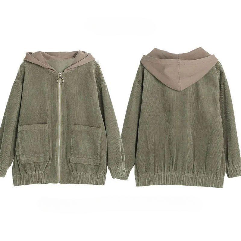 Women's Corduroy Short Versatile Hooded Loose Jacket Plus Size Korean Style Outerwear for Spring and Autumn