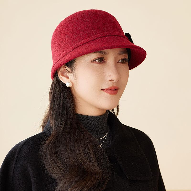 Autumn and Winter Basin Hat Retro Hepburn Style Bow Bucket Hat Ladies Elegant Woolen Fashion Basin Hat