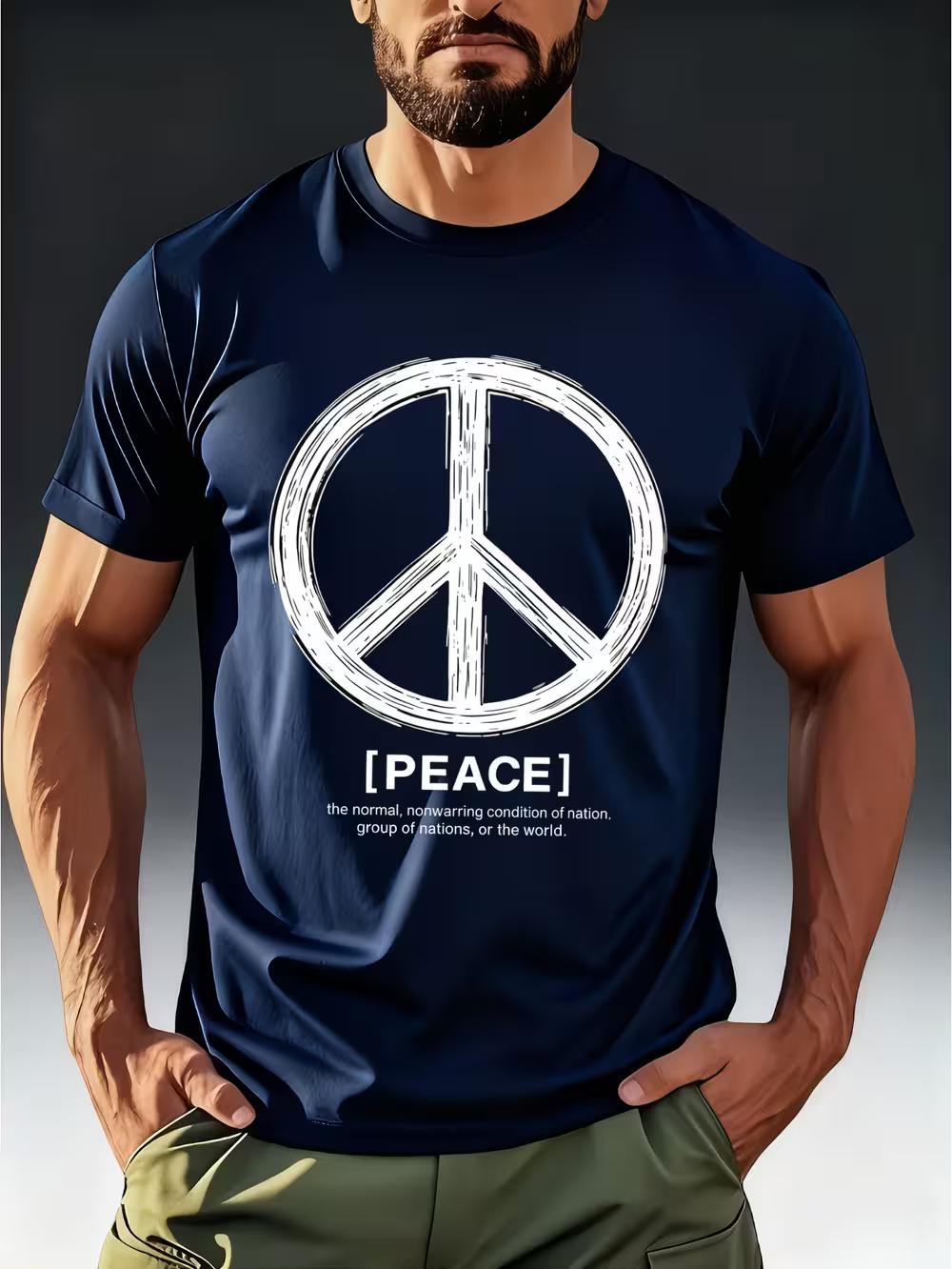 Men s Trendy T-Shirt with Hand-Painted Textured Peace Symbol + Definition Theme Print XXL