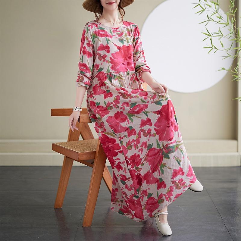 Dress A Variety of Color Holiday Style Travel Round Neck Vintage Flesh-covered Cotton Hemp Long Dress